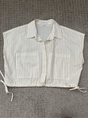 AND NOW THIS Cream & Tan Striped Cropped Button Front Top